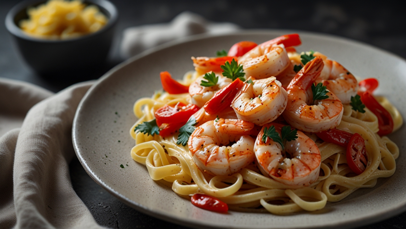 Creamy shrimp pasta plated for the MealMax homepage hero